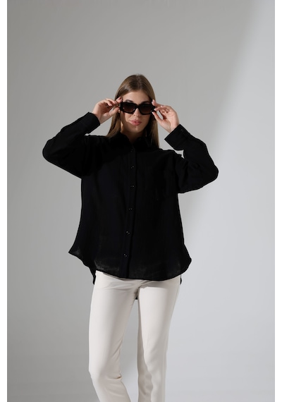 Oversize Basic Müslin Gömlek Siyah