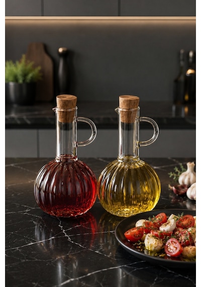 Porsima Lm-0010 Breze 2li Mantar Kapaklı Borosilikat Cam Yağlık Sirkelik Yağdanlık Seti 300ml+300ml