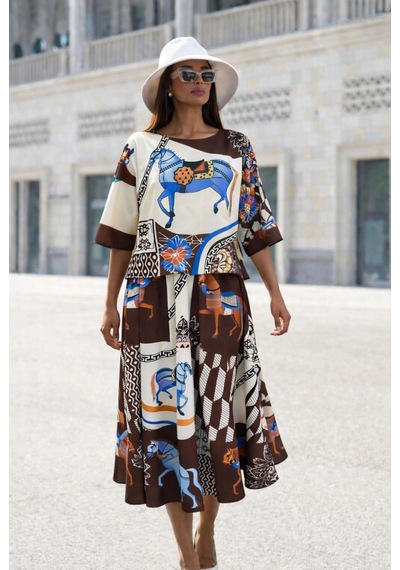 Asprinfashion Kayık Yaka Yarasa Kol Bluz Etek Takım Kahverengi