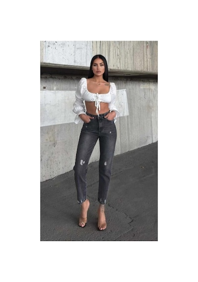 Kene Jeans Yüksek Bel Füme İşlemli Tam Kalıp Lazer Yırtık Mom Jeans Füme İşlemli