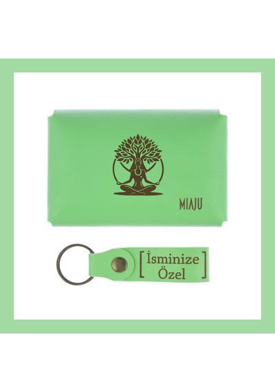 Miaju Fıstık Yeşil, Bereket Ağacı Desenli, İsme Özel Cüzdan Ve Anahtarlık Set, Yeni Ev İçin Mükemmel Anı Fıstık Yeşil