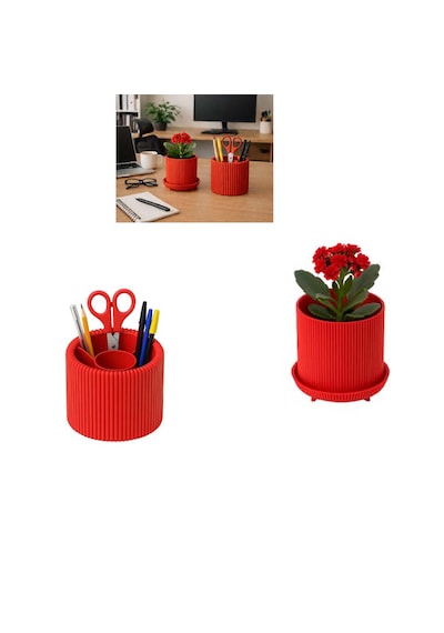 Özel 3d Baskı 2'li Set Ayrılabilir 4 Bölmeli Kalemlik & Ayaklı Küçük Saksı Raf Masa Vb. Saksısı Kırmızı
