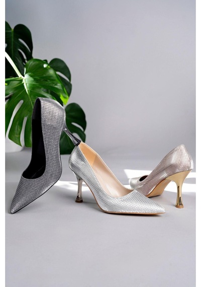 Muggo Yowel Garantili Sivri Burun Kadın Topuklu Stiletto Ayakkabı Gümüş