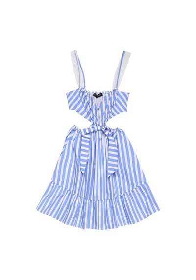Olla Collection Kurdele Detaylı Çizgili Mini Elbise Mavi Mavi