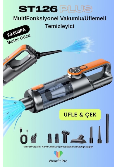 Wearfitpro St126plus Işıklı Araç Süpürgesi Kablosuz Yüksek Motorlu Vakum Üfleme