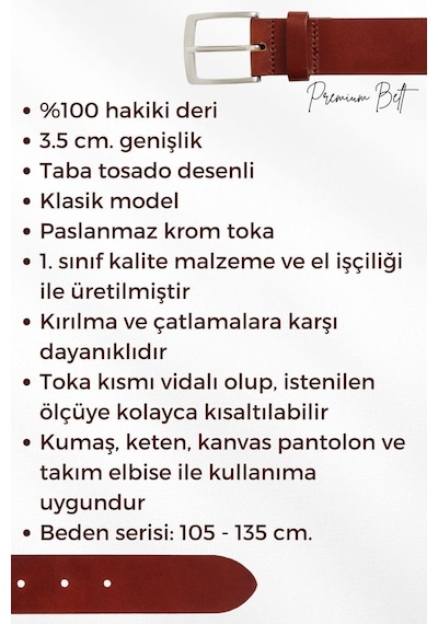 Süzer Deri 3.5 Cm Klasik %100 Hakiki Deri Lüks Kemer Taba Tosado Desenli