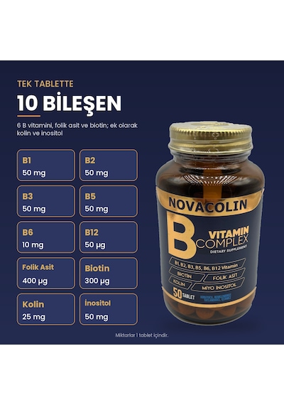 Novacolin Vitamin B Complex B1 B2 B3 B5 B6 B12 Biotin 50 Tablet