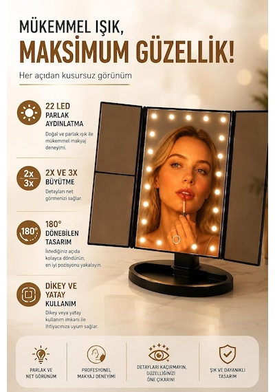 Tr Led Işıklı Dokunmatik Makyaj Aynası, 22 Led Aydınlatmalı, 2x Ve 3x Büyütmeli Yan Aynalar, 180 Dönebilen, U Genel 78526521 Tr Led Işıklı Dokunmatik Makyaj Aynası, 22 Led Aydınlatmalı, 2x Ve 3x Büyütmeli Yan Aynalar, 180 Dönebilen, U Genel 78526521