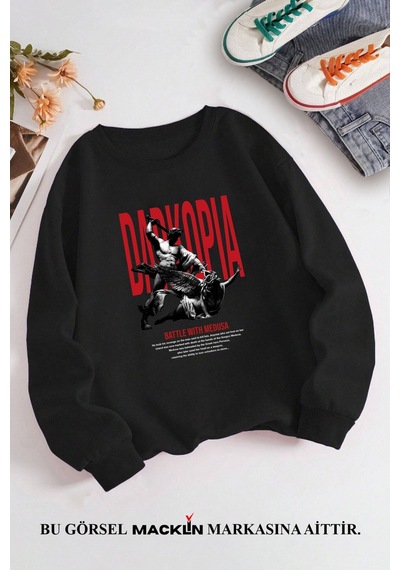 Macklin Unisex Kadın Erkek Battle With Medusa Özel Tasarım Baskılı Bisiklet Yaka Sweatshirt Siyah Mck1342 Siyah