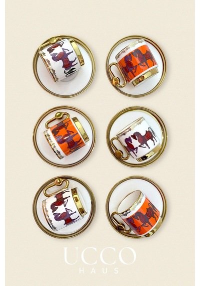 Altın Yaldızlı 6'lı 80 Ml Porselen Kahve Fincan Takımı At Motifli Premium Seri - Espresso Bardağı Beyaz-turuncu-gold Altın Yaldızlı 6'lı 80 Ml Porselen Kahve Fincan Takımı At Motifli Premium Seri - Espresso Bardağı Beyaz-turuncu-gold
