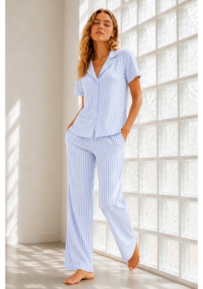 Kadın Genç Loose İpliği Boyalı Mavi Pijama Takımı