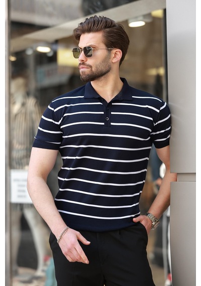 Madmext Lacivert Çizgili Polo Yaka Erkek T-shirt E7405 Lacivert