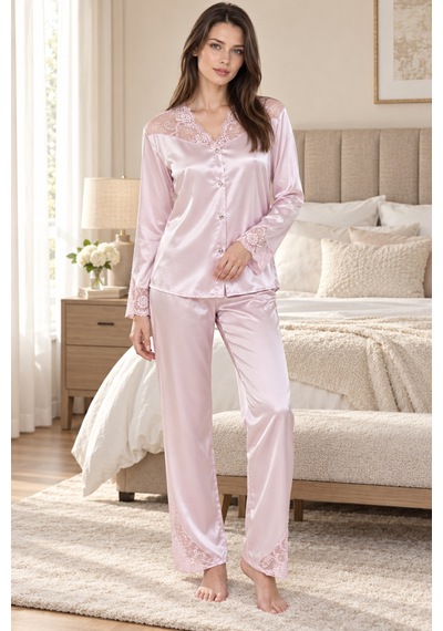 Loule Kadın Pudra Düğmeli Dantel Detaylı Saten Pijama Takımı