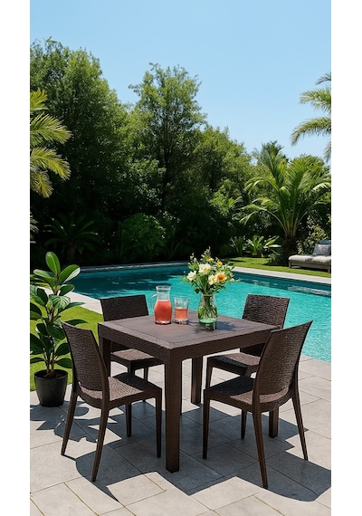 Rattan 80x80 Camsız Kahve Masa / 4 Adet Rattan Kolsuz Sandalye Takımı Kahve Rattan 80x80 Camsız Kahve Masa / 4 Adet Rattan Kolsuz Sandalye Takımı Kahve
