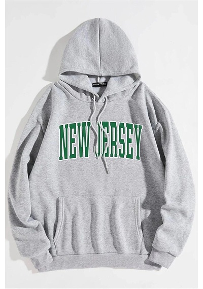 Startmore Garalio New Jersey Baskılı Gri Kapüşonlu Oversize Sweatshirt