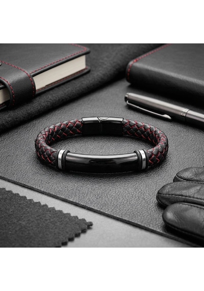 Moncuk Design İsim Yazılabilir Kırmızı Siyah Deri Ve Siyah Titanyum Kilit Bileklik 33513b15d7 Gümüş - Siyah