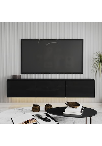 T0020 Alston Duvara Monte Tv Ünitesi Led Işıklı, Modern Tasarım, 160 Cm - Parlak Siyah Parlak Siyah T0020 Alston Duvara Monte Tv Ünitesi Led Işıklı, Modern Tasarım, 160 Cm - Parlak Siyah Parlak Siyah