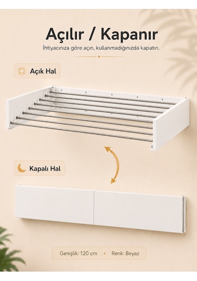 Çamaşır Kurutma Askısı Katlanır Duvara Monte Balkon Banyo Askılık Duvar Tipi Yer Tasarruflu Çamaşırlık 120 Cm Belize Beyaz