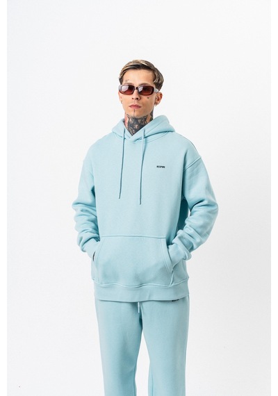 Erkek Respire Yazı Detaylı Kapüşonlu Basic Oversize Hoodie Bebe Mavi