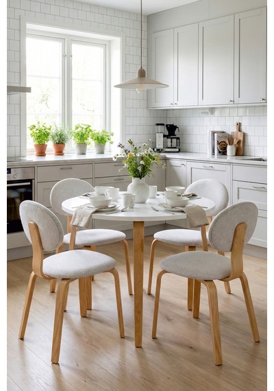 Vilinze Lodos Sandalye Demre Yuvarlak Ahşap Mutfak Masası Takımı - 90x90 Cm Beyaz