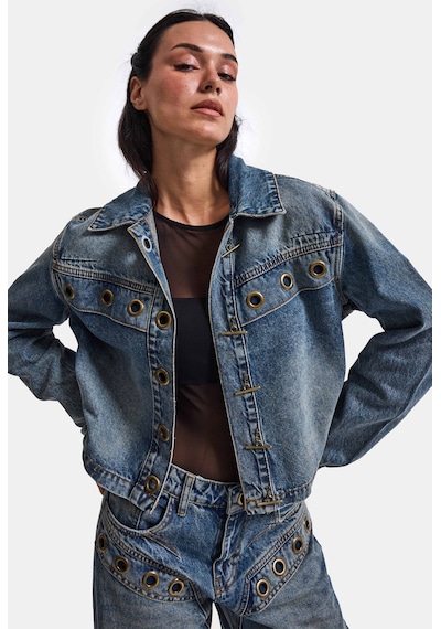Kadın Kot Rengi 4w6-8 Kemer Boy Kuş Gözü Detaylı Özel Tasarım Denim Ceket