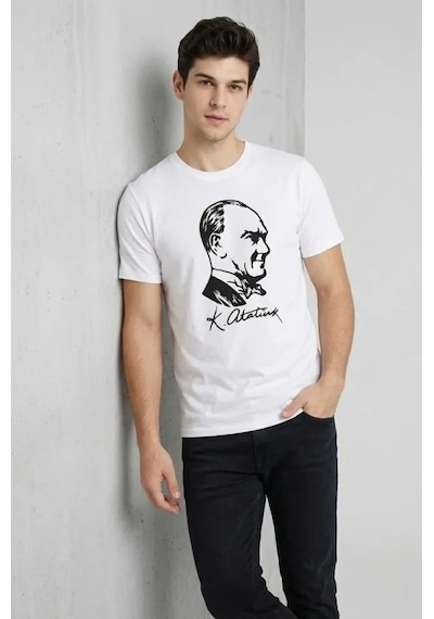 Valensdesign Erkek Atatürk Baskılı Tişört Kısa Kollu Bisiklet Yaka T-shirt - Beyaz