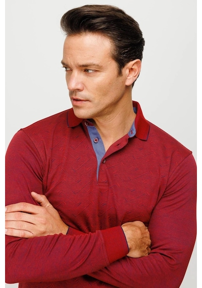 Desen Triko Erkek Polo Yaka Desenli Uzun Kollu Sweatshirt Bordo Bordo