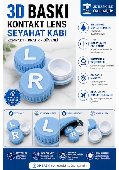 3d Baskı Kontakt Lens Saklama Ve Seyahat Kabı L/r Vidalı Kapak