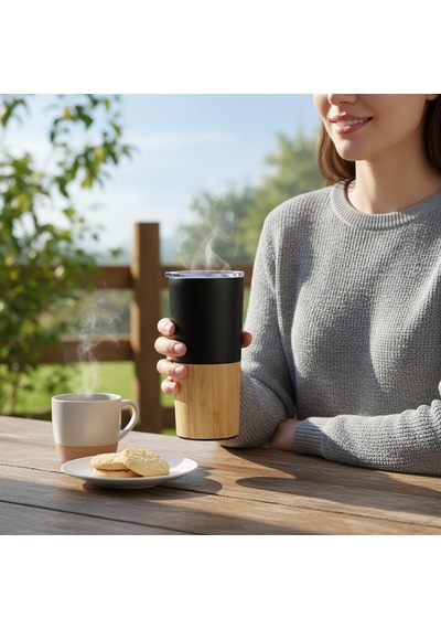 600 Ml Bambu Tabanlı Çelik Termos Mug - 5 Farklı Renk Seçenekli Sıcak Ve Soğuk Tutucu Seyahat Bardağı Siyah Çok Renkli