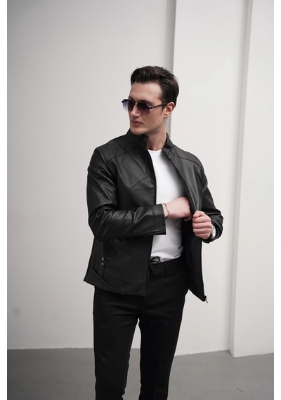 Modefendi Slim Fit Kalıp Hakim Yaka Ribanası Asimetrik Model İthal Deri Mont Siyah