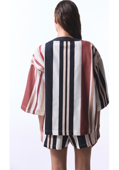 Penti Shay Striped Etnik Desen V Yaka Oversize Kimono
