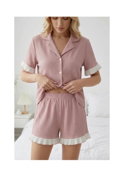 Fit Women Fırfır Detaylı Bürümcük Kumaşlı Düğmeli Kısa Şortlu Pijama Takımı 6021 Pembe