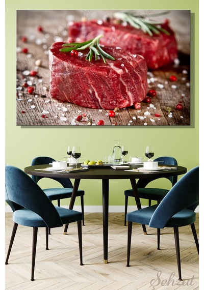 Yatay Tekli Kanvas Duvar Tablosu Modern Lokanta Kafe Restoran Mutfak Baharat Çiğ Biftek Et Steaks