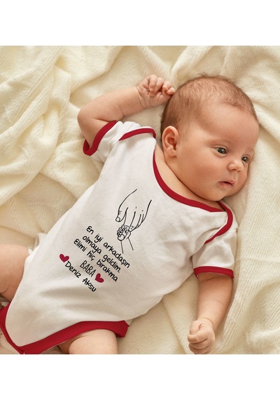 Bk Gift Bk Kids Kişiye Özel En İyi Arkadaşın Olmaya Geldim Tasarımlı Kırmızı Bebek Body Zıbın-1 0-3 Ay