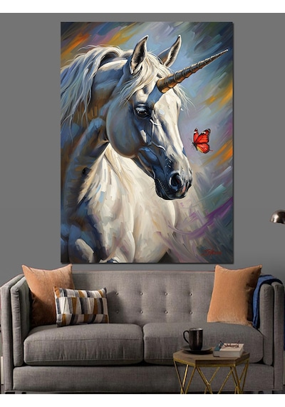 Ahşap Tablo Tek Boynuzlu At Unicorn Ve Kelebek