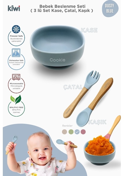 Kiwi 3 Parça Kase Çatal Kaşık Beslenme Seti - Doğal Silikon Bpa İçermez- Dusty Blue