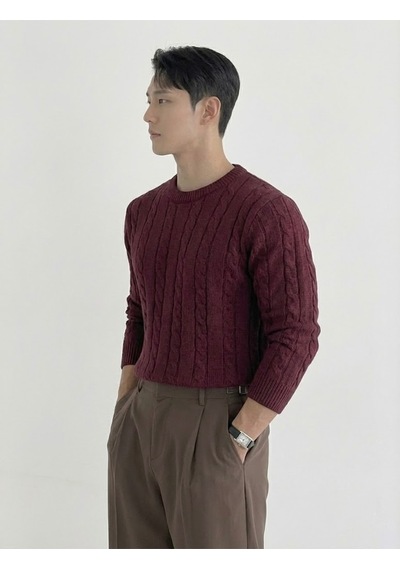 Erkek Bordo Bisiklet Yaka Slim Fit Saç Örgülü Triko Kazak Bordo