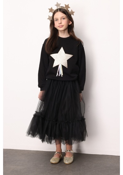 Le Mabelle Siyah Yıldız Nakışlı Kurdele Detaylı Uzun Kollu Kız Çocuk Sweatshirt Siyah