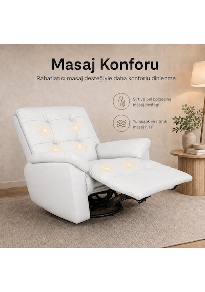 Smarto Relax Basel Elektrikli Masajlı Döner Sallanan Tv Koltuğu Kontrol Panelli Ergonomik Gerçek Deri Baba Koltuğu Beyaz