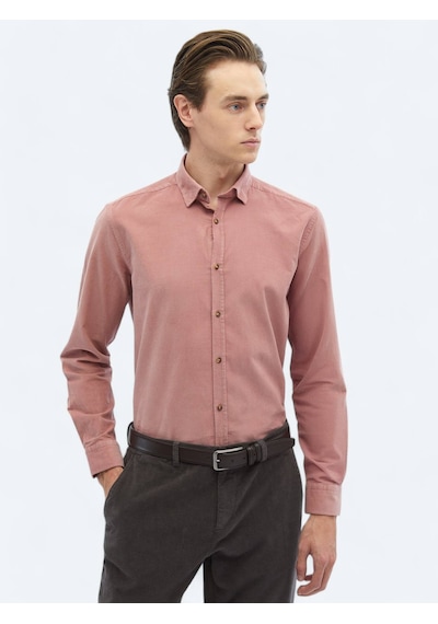 Kip Pembe Fitilli Regular Fit Dokuma Kadife Casual %100 Pamuk Gömlek