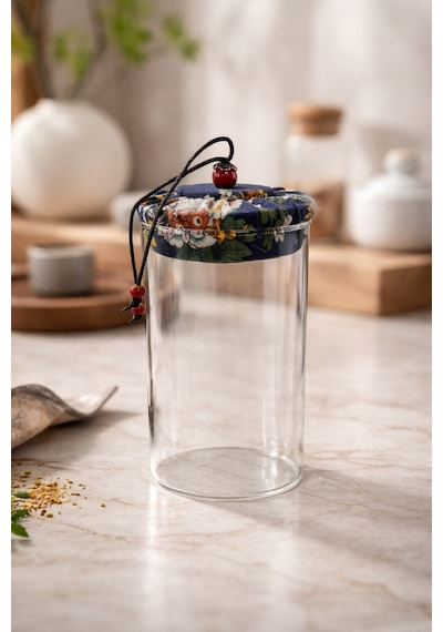 Makri Home 650 Ml Borosilikat Cam Hava Geçirmez Lacivert Kumaş Kaplama Bambu Kapaklı Kavanoz,çap: 8 Cm,h: 18 Cm Lacivert