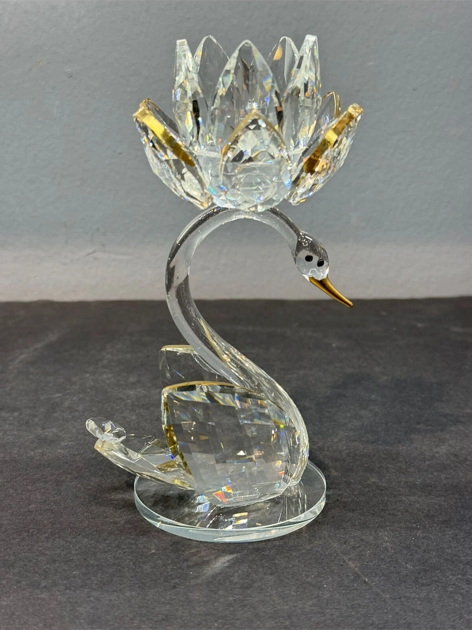 Dekoratif Kristal Cam Tekli Lotus Kuğulu Şamdan Gold
