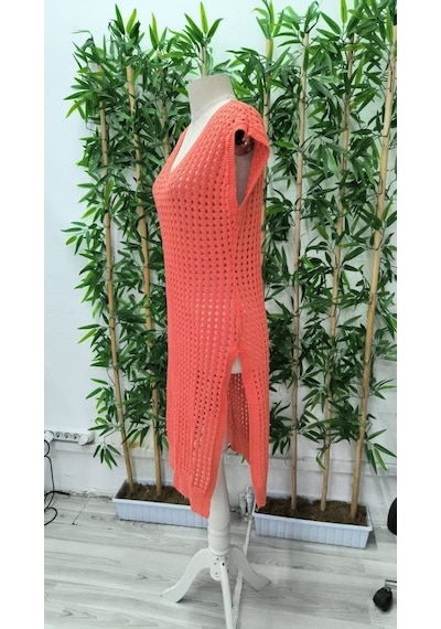 Emh Store Kadın Sıfır Kol V Yaka Yanı Derin Yırtmaçlı Midi Boy Triko Elbise Turuncu