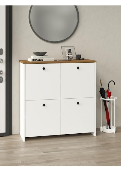 Kuzeylife Shiva Ayakkabılık 4 Kapaklı 4 Raflı Çok Amaçlı Dolap Beyaz-safir Meşe Beyaz