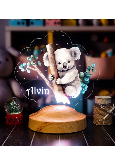 Sevimli Ağaca Sarılan Koala Tasarımlı İsimli Çocuk Odası Gece Lambası, Koala Görselli Bebek Doğum Günü Hediyesi Led Lamba