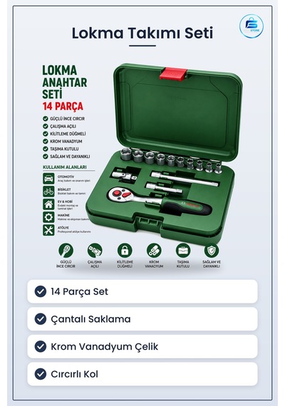 Lokma Takımı İnç 14 Parça Çantalı Krom Vanadyum Cırcırlı Oto Bakı