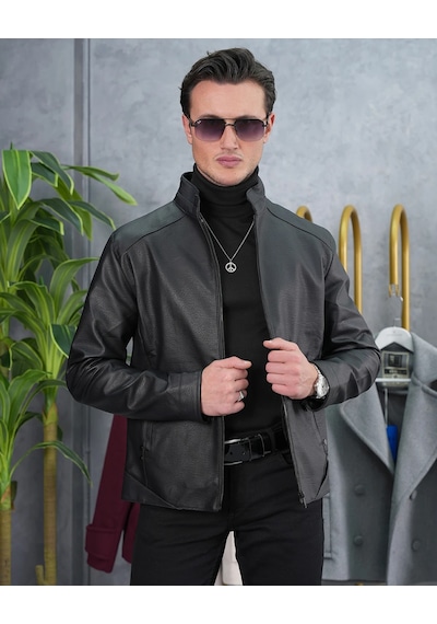 Modefendi Slim Fit Kalıp Hakim Yaka Ribanası Asimetrik Model İthal Deri Mont Renkli