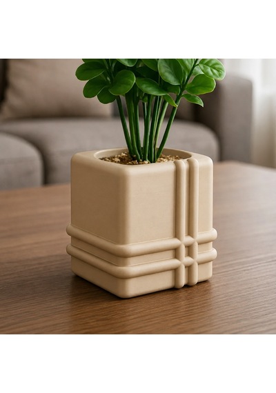 3d Baskı Square Planter - Izgara Desenli Küp Saksı-bej