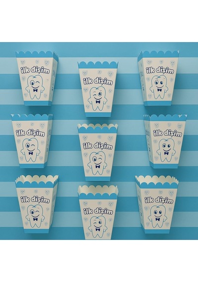 İlk Dişim Mavi Temalı Popcorn Kutusu, 8'li Set, Erkek Bebek Diş Buğdayı Partisi, Kağıt Materyal Çok Renkli