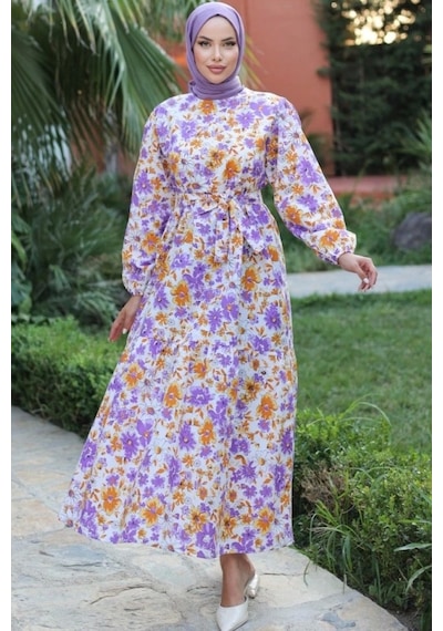 Defymoda Kadın Uzun Çiçek Yaprak Desenli Belden Bağlamalı Elbise Lila